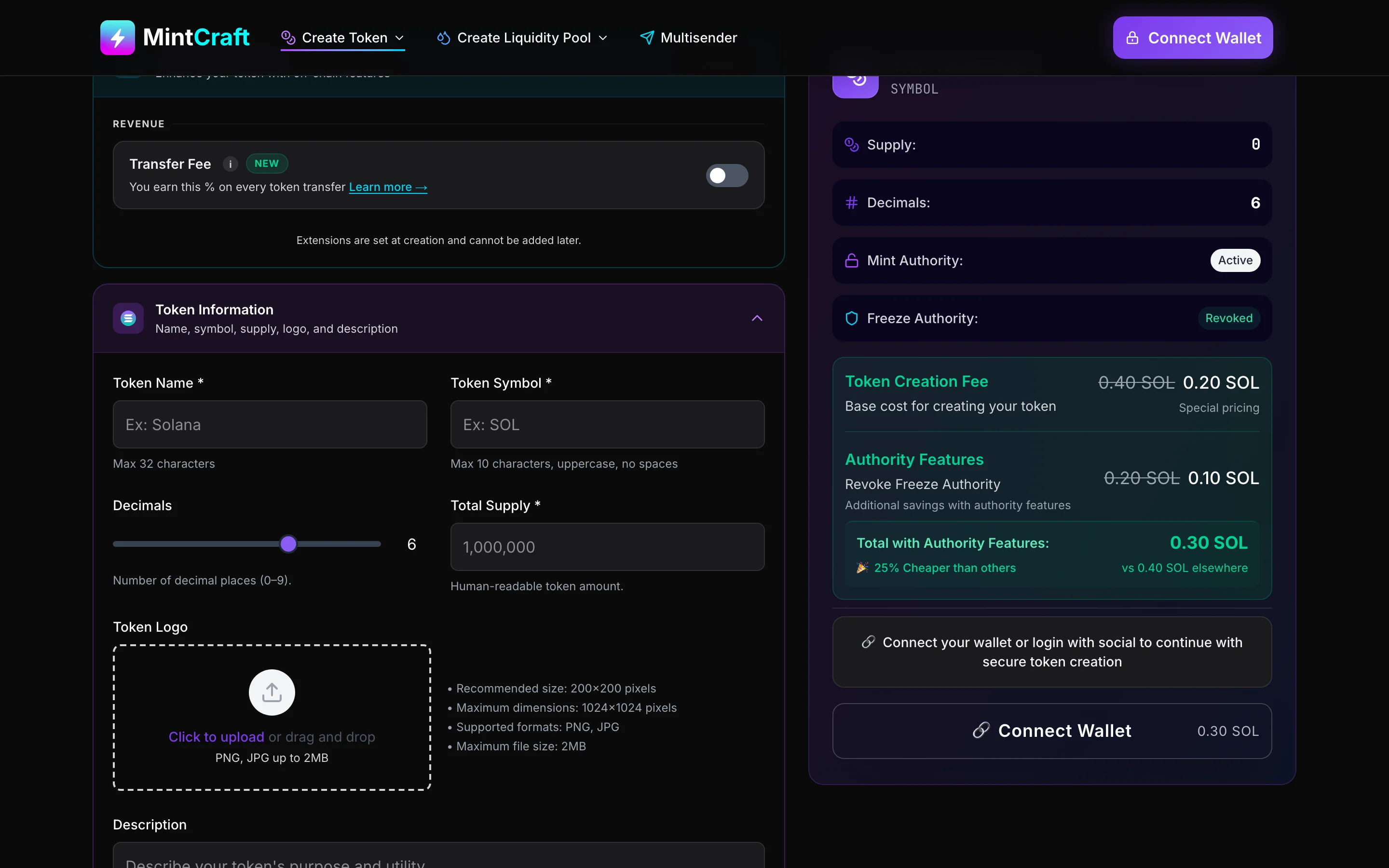 Token 22 Extensions panel open on MintCraft, Transfer Fee card pinned at the top with a New badge